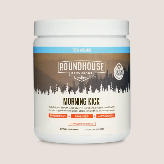 ROUNDHOUSE PROVISION Morning Kick, Zero Sugar Greens Superfood Powder Supplement with Ashwagandha, Collagen, Probiotics, Debloat Drink